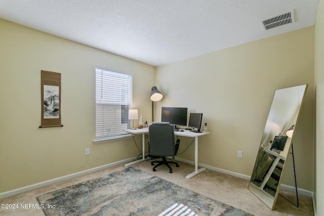 carpeted office with a textured ceiling