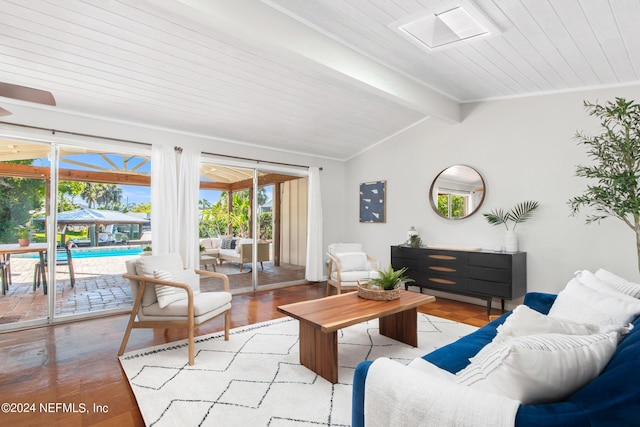 living room with light wood-type flooring, lofted ceiling with skylight, crown molding, and wood ceiling