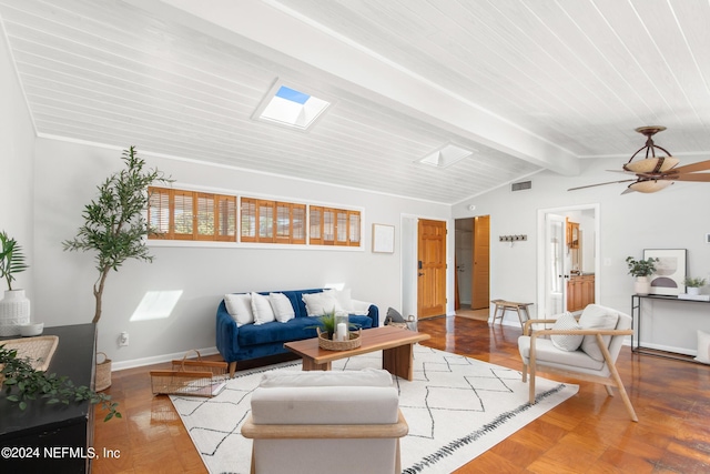 living room featuring ceiling fan, lofted ceiling with beams, and wood ceiling