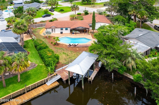 aerial view featuring a water view