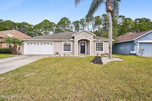 ranch-style house featuring a garage and a front lawn