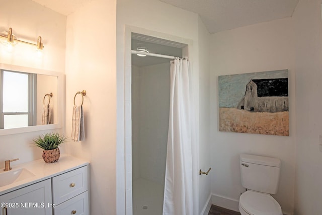 bathroom featuring toilet, vanity, and a shower with shower curtain