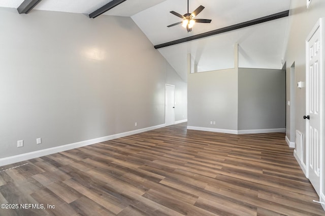 spare room featuring beamed ceiling, ceiling fan, dark wood-type flooring, and high vaulted ceiling