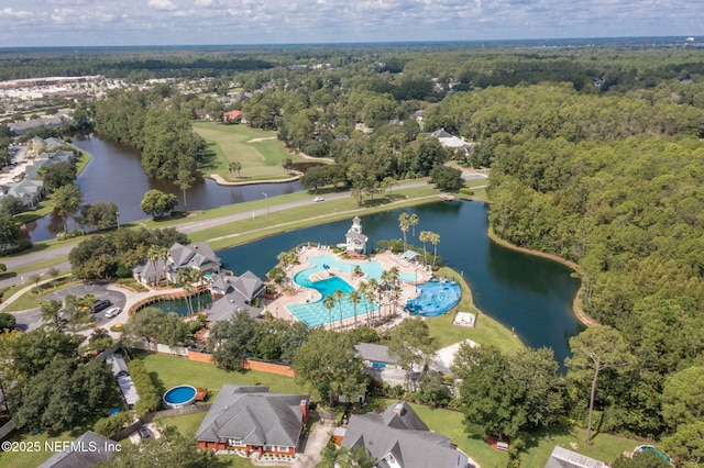 drone / aerial view with a water view