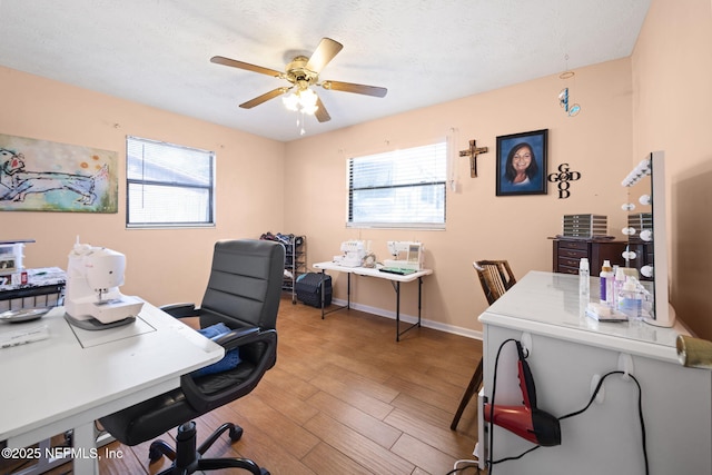 office space with a textured ceiling, light hardwood / wood-style flooring, and ceiling fan