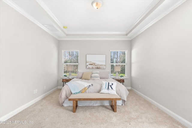 bedroom with light carpet, a raised ceiling, and crown molding