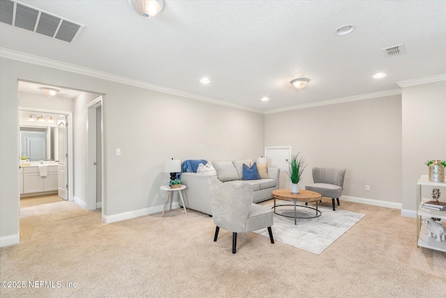 living room featuring light carpet and crown molding