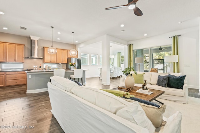 living room featuring ceiling fan, dark hardwood / wood-style flooring, and sink