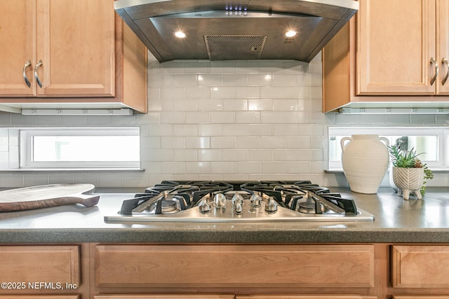 kitchen featuring backsplash, stainless steel gas stovetop, and premium range hood