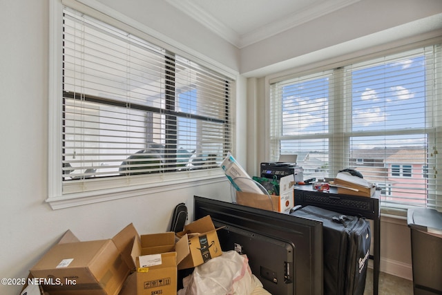 home office with ornamental molding