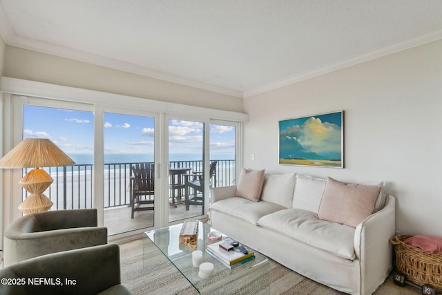 living room featuring a water view, hardwood / wood-style flooring, and ornamental molding