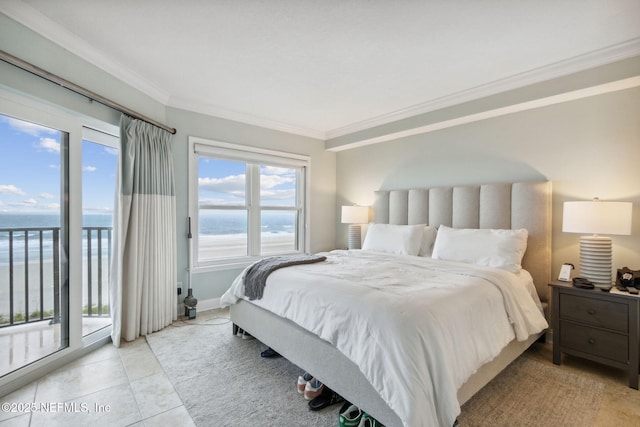 bedroom featuring access to exterior, light tile patterned floors, a water view, and crown molding