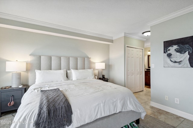 tiled bedroom featuring crown molding and a closet