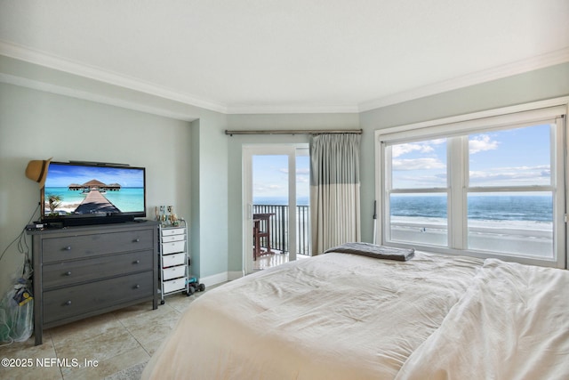 tiled bedroom with access to exterior, a water view, and ornamental molding