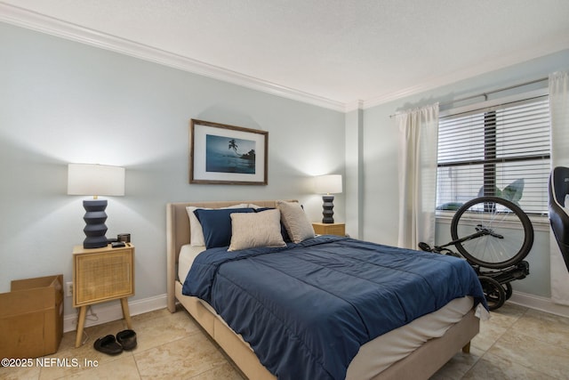 bedroom featuring crown molding and light tile patterned flooring