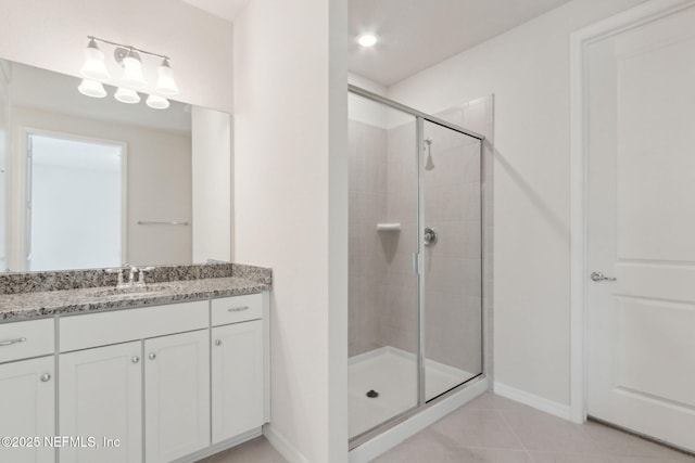 bathroom with tile patterned floors, vanity, and a shower with door