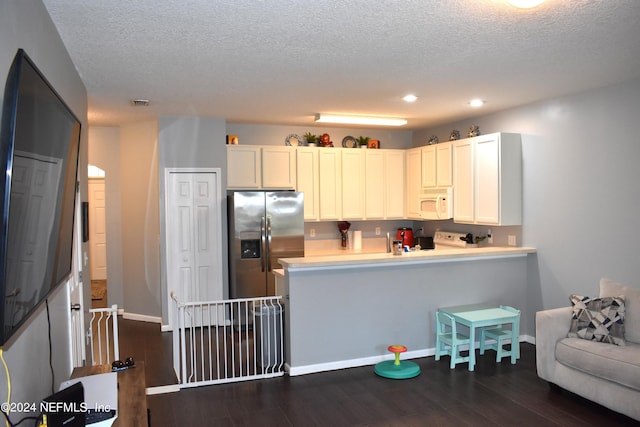 kitchen featuring white cabinetry, stainless steel fridge with ice dispenser, dark hardwood / wood-style flooring, and a textured ceiling