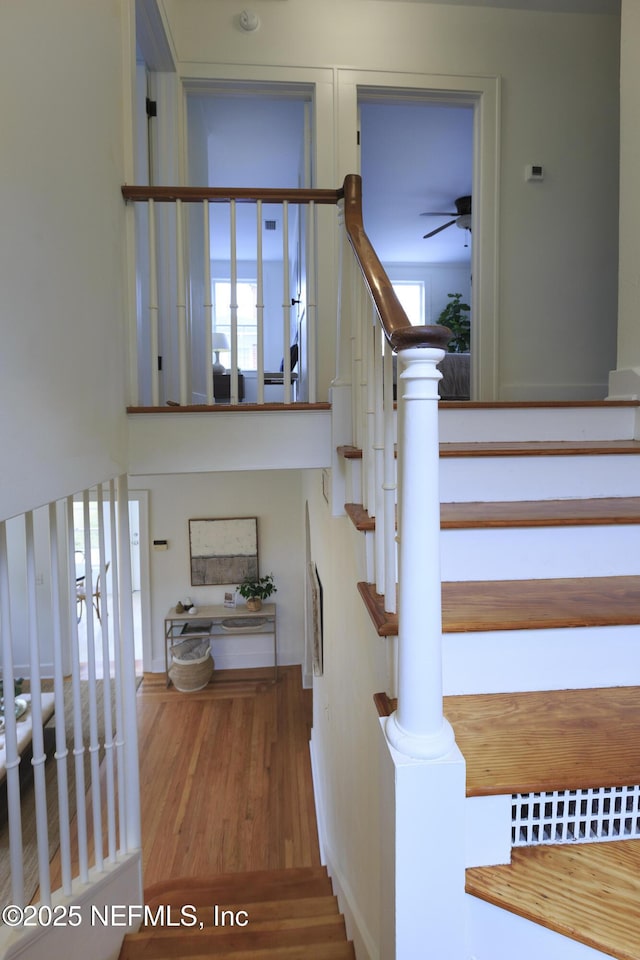 stairs featuring wood-type flooring and a towering ceiling