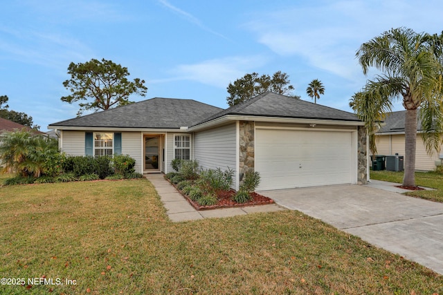 single story home with central AC, a garage, and a front lawn