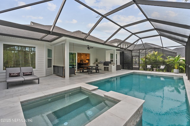 view of pool with an in ground hot tub, a patio area, an outdoor hangout area, ceiling fan, and area for grilling