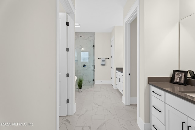 bathroom with separate shower and tub and vanity