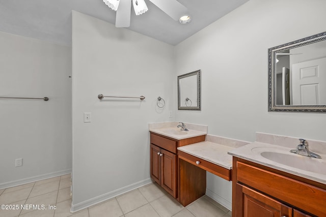 bathroom with tile patterned floors, ceiling fan, and vanity