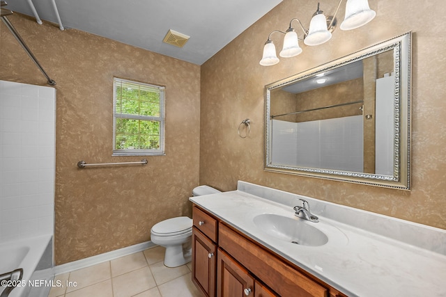 full bathroom with shower / tub combination, tile patterned flooring, vanity, and toilet