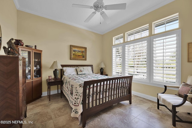 tiled bedroom featuring ceiling fan and ornamental molding