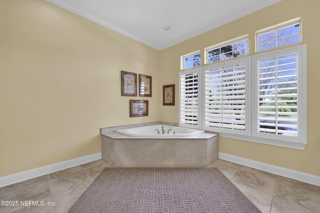 bathroom with tile patterned floors and ornamental molding