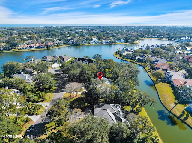 aerial view featuring a water view