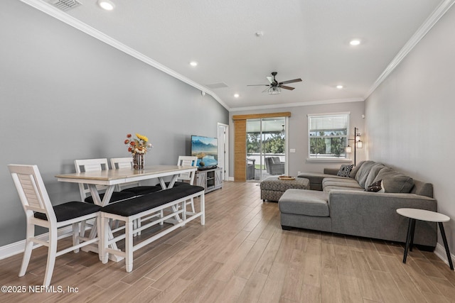 234 Thistleton Way, Saint Augustine, FL 32092 - living area featuring light wood finished floors, a ceiling fan, ornamental molding, and recessed lighting