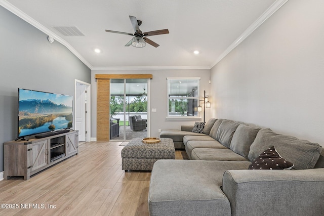 234 Thistleton Way, Saint Augustine, FL 32092 - living room featuring light wood-type flooring, ceiling fan, ornamental molding, and recessed lighting
