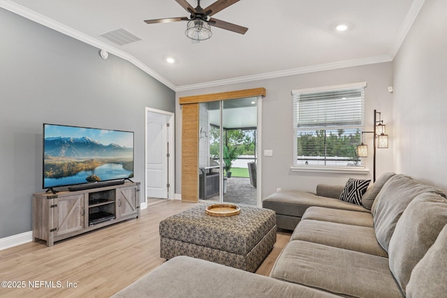 234 Thistleton Way, Saint Augustine, FL 32092 - living area featuring ornamental molding, a ceiling fan, light wood finished floors, and recessed lighting