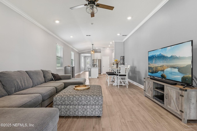 234 Thistleton Way, Saint Augustine, FL 32092 - living area featuring ornamental molding, ceiling fan, recessed lighting, and light wood-style floors