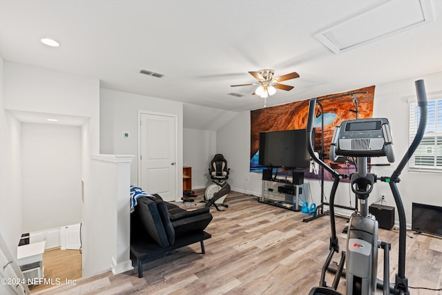 workout area featuring light hardwood / wood-style flooring and ceiling fan