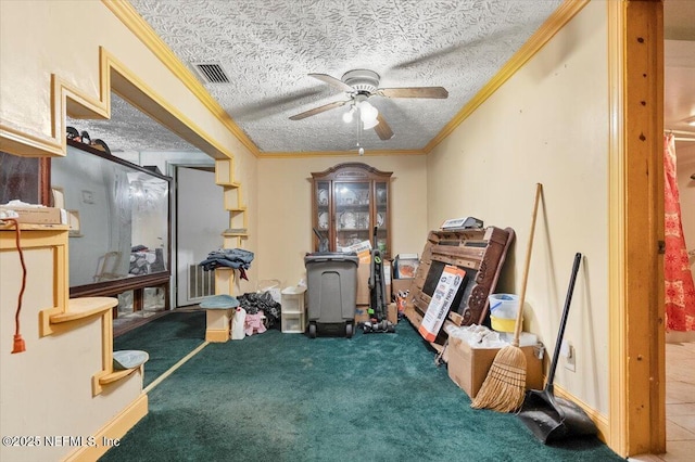 misc room featuring ceiling fan, crown molding, a textured ceiling, and carpet flooring