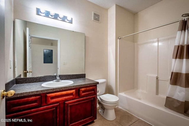 full bathroom with tile patterned flooring, toilet, shower / bath combo with shower curtain, vanity, and electric panel