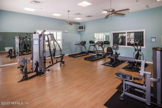 exercise room featuring ceiling fan and hardwood / wood-style floors