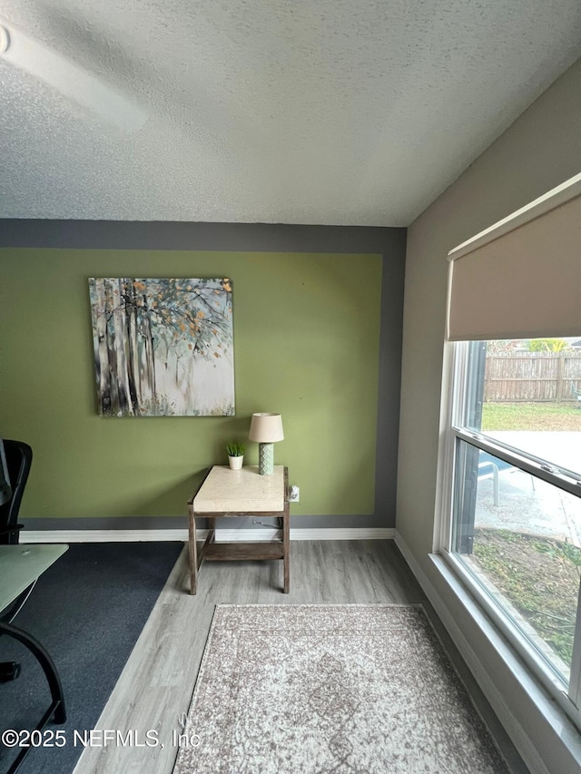 sitting room featuring a textured ceiling and hardwood / wood-style flooring