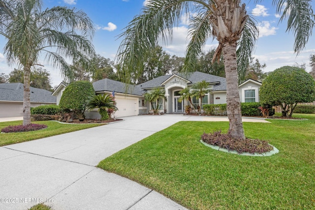 ranch-style house with a garage and a front yard