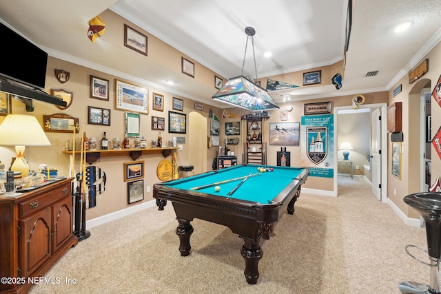 game room with light carpet, ornamental molding, and billiards