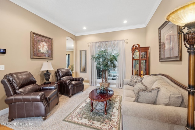 living room with crown molding and carpet