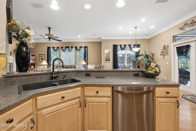 kitchen with a healthy amount of sunlight, dishwasher, and light brown cabinets