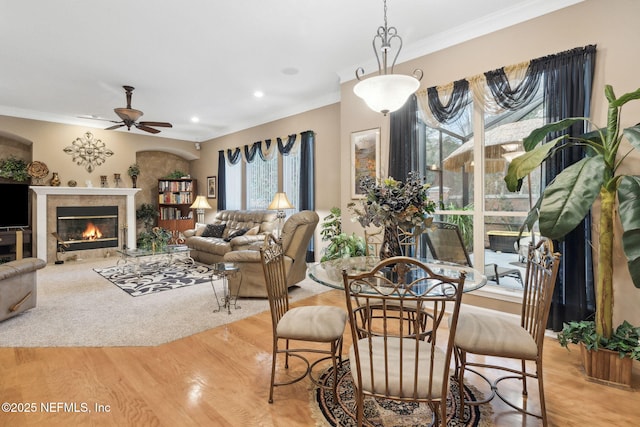 dining room featuring crown molding, a healthy amount of sunlight, ceiling fan, and light wood-type flooring