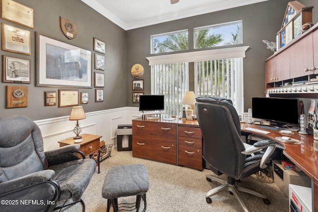 home office featuring crown molding and light colored carpet