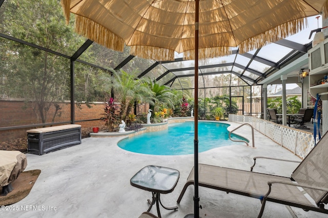 view of pool featuring a lanai and a patio area