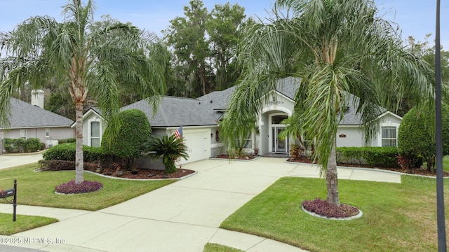 view of front of house featuring a garage and a front lawn