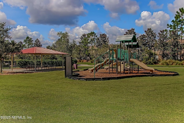 view of jungle gym featuring a yard and a gazebo