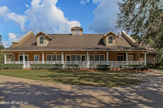 farmhouse inspired home with a porch and a front yard