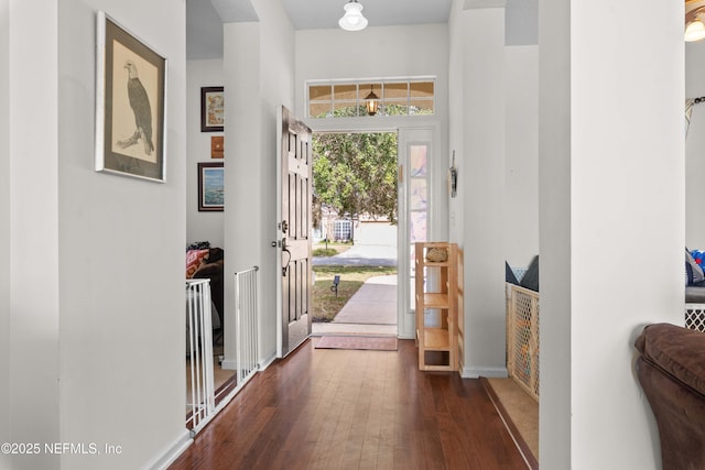 foyer featuring baseboards and dark wood-style flooring